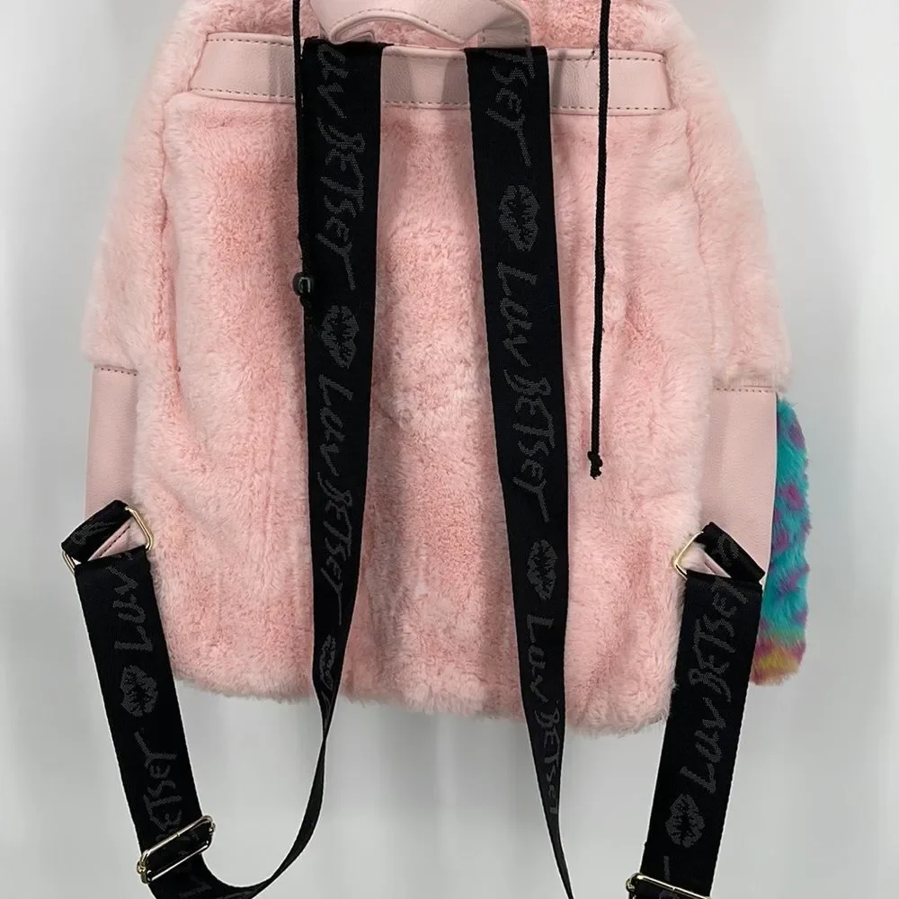 Betsey Johnson Hooded Rabbit School Travel Backpack Pink EUC Adorable Fury Bunny